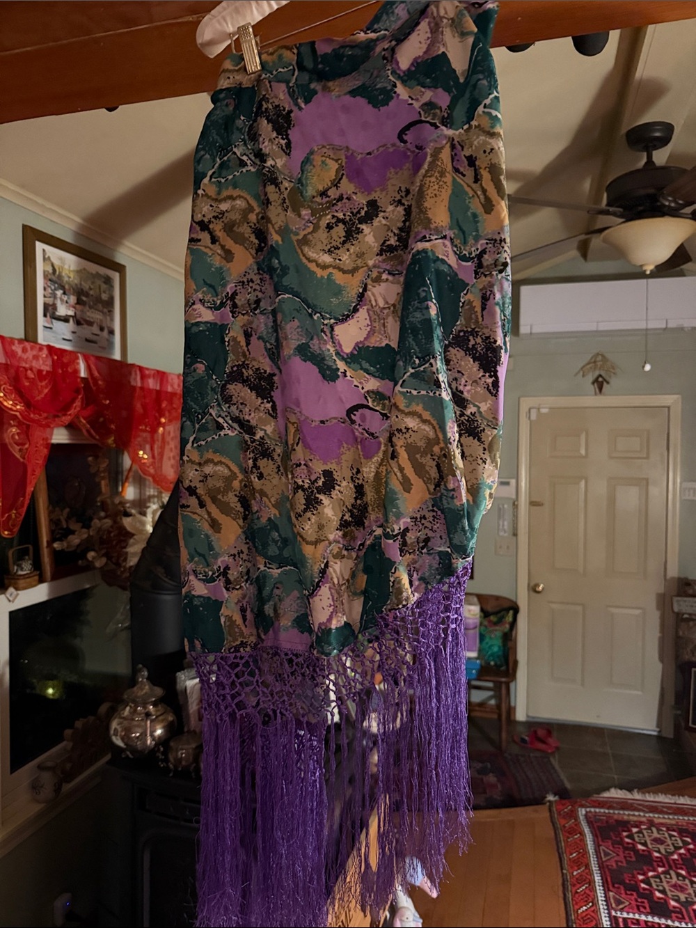 Abstract Print Fringe Skirt in Teal, Purple & Tan